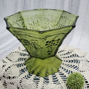Vintage Green Glass Vase Grape Pattern Octagon Shape Depression Era